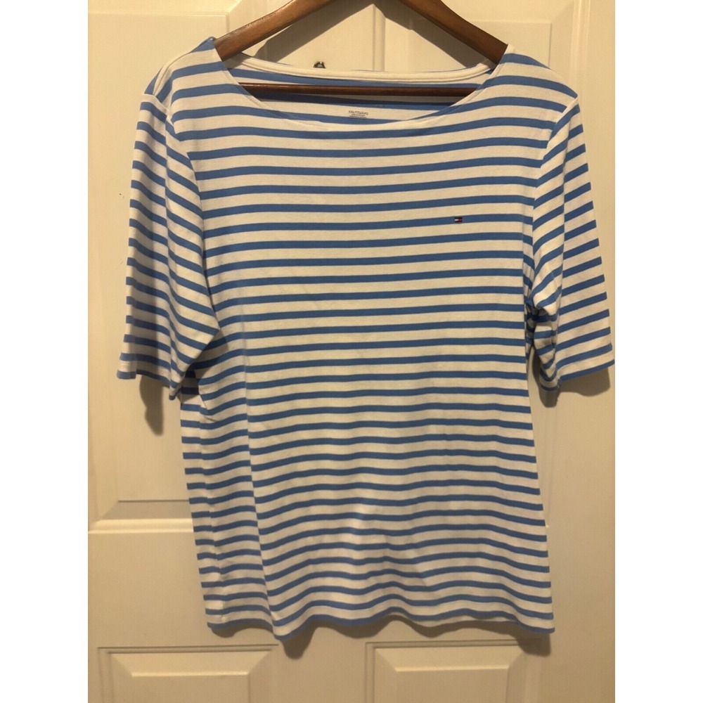 Tommy Hilfiger Top Blue White Striped Shirt Women's Size XXL Short Sleeve Summer